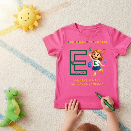Camiseta infantil educativa E de Elena – Explora y aprende la letra E