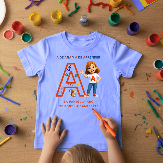 Camiseta infantil educativa A de Ana – Aprende la letra A jugando