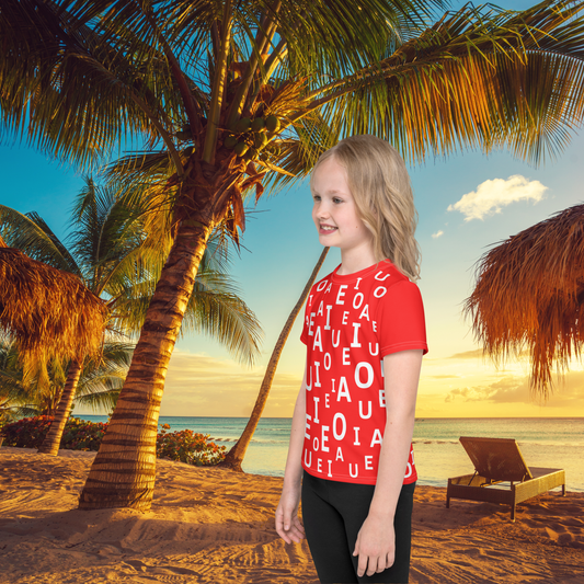 Camiseta infantil ABC - Vocales que juegan en rojo
