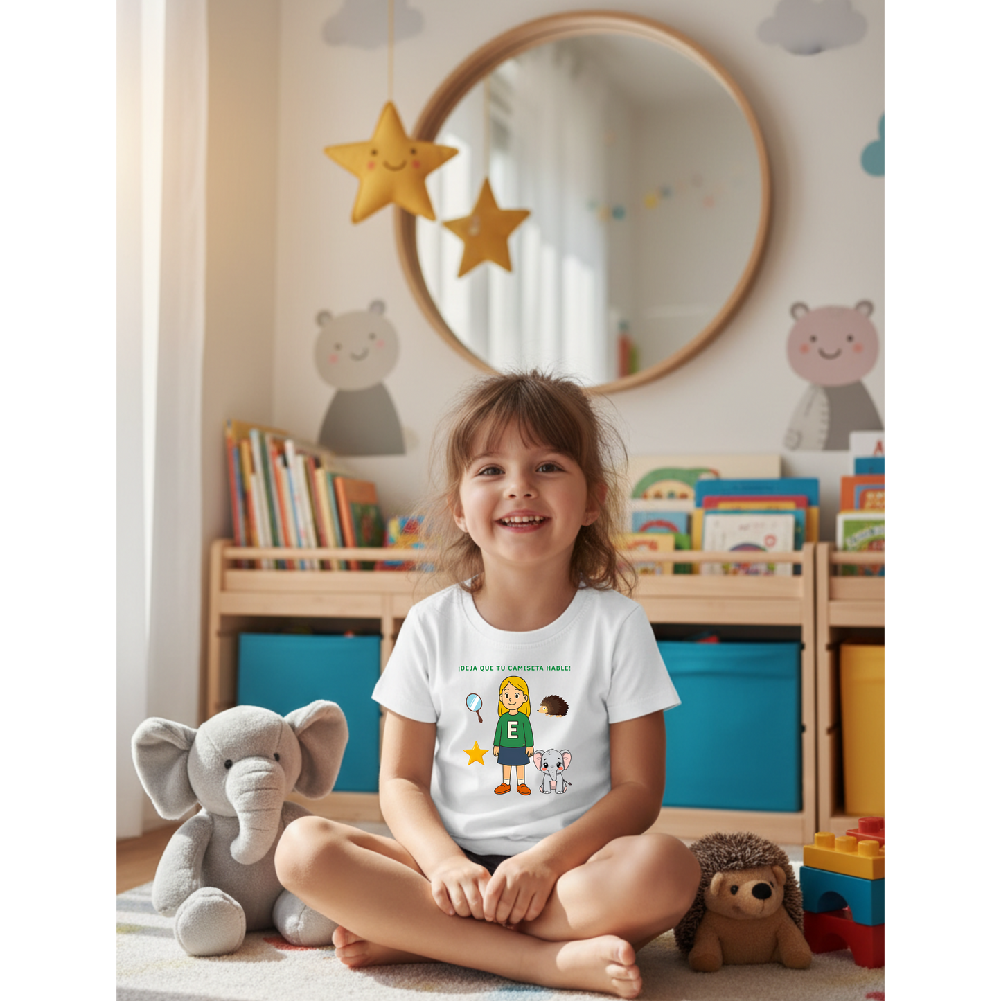 Camiseta infantil educativa Aprende palabras con la letra E