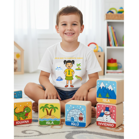 Camiseta infantil educativa Aprende palabras con la letra I