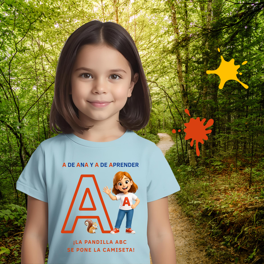Camiseta infantil educativa A de Ana – Aprende la letra A jugando
