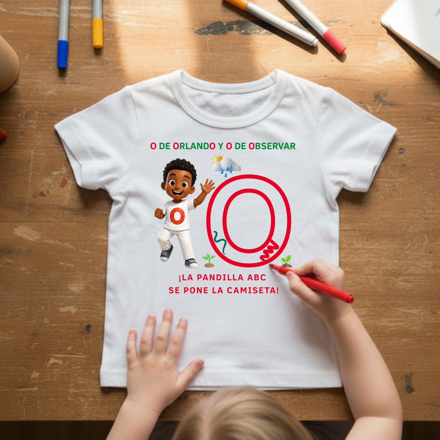 Camiseta infantil educativa O de Orlando – Aprende la letra O observando