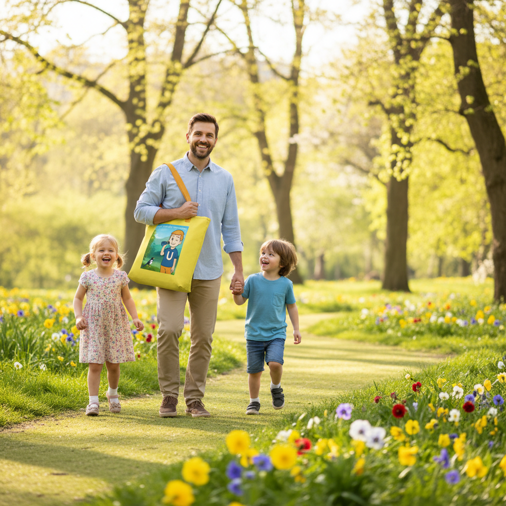 Familia en el parque con bolsa U