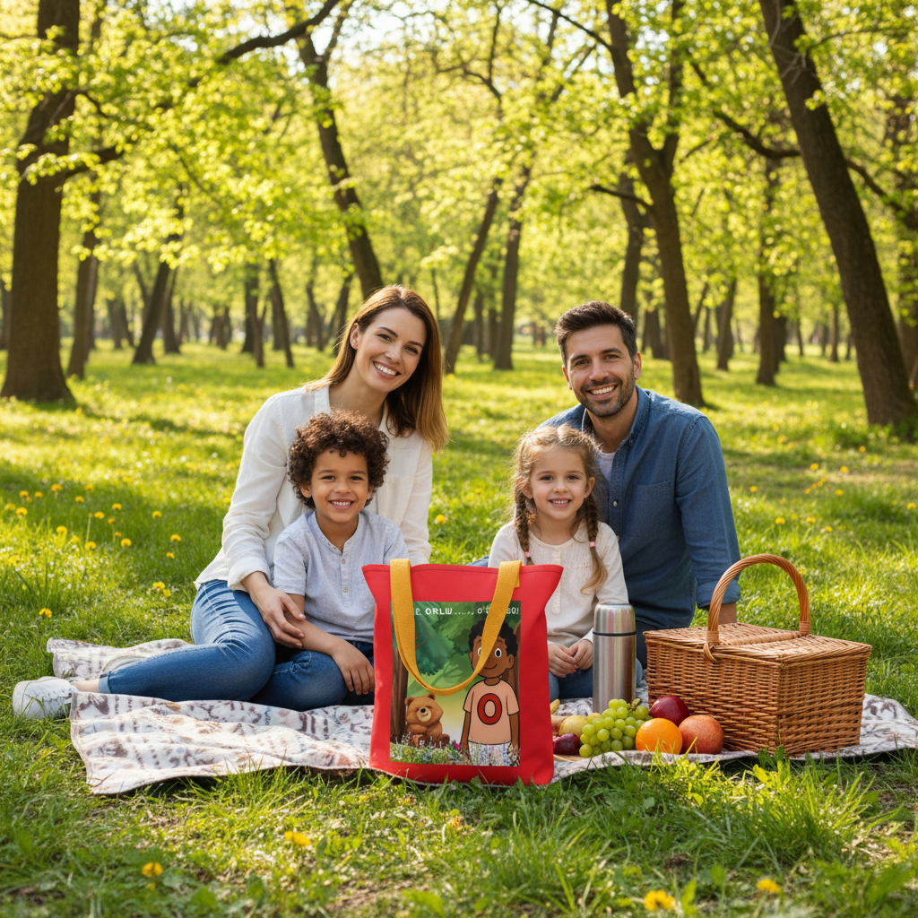 Familia picnic en el bosque con bolsa O