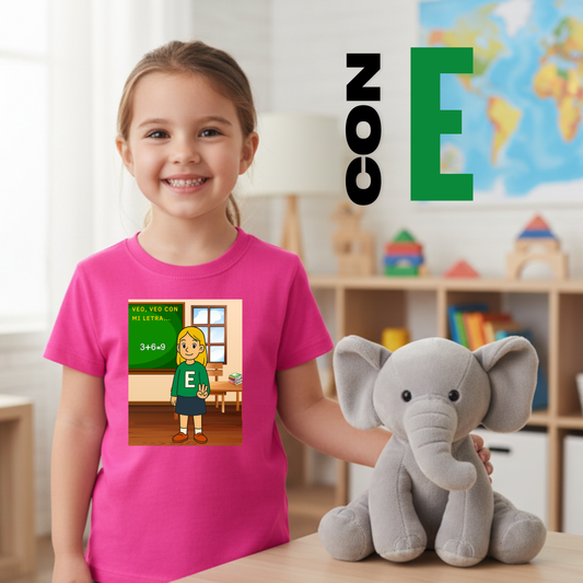 Camiseta infantil educativa Veo, veo con mi letra E