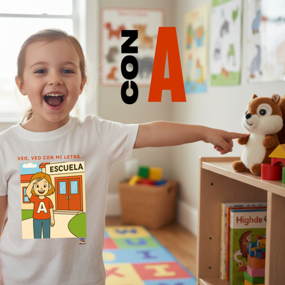 Educational children's T-shirt - I spy with my letter A 