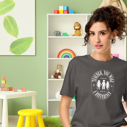 Camiseta adultos gruesa orgánica unisex “Teacher, you make a difference every day” / logo blanco