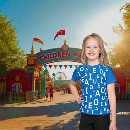 Camiseta infantil ABC – Vocales que juegan en azul