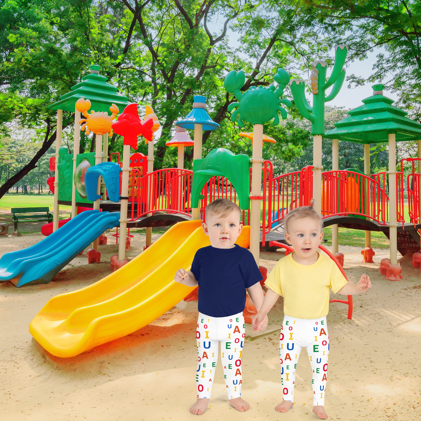 Educational children's leggings. Find your favorite vowel/ white background