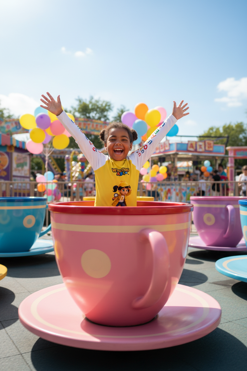 Niña camiseta I de Iris en parque de atracciones con movimiento