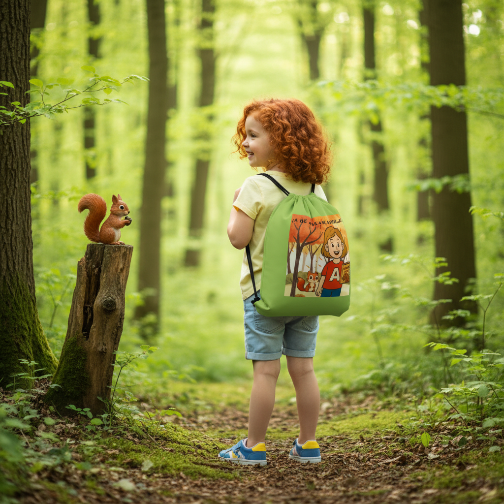 Niña pelirroja con mochila verde en bosque primavera