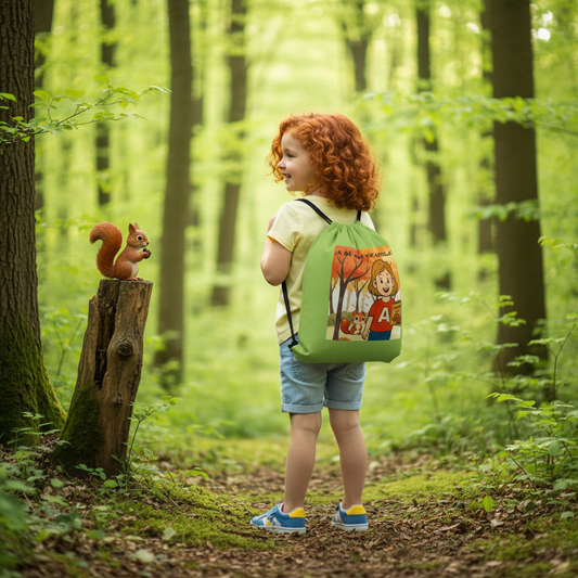Niña pelirroja con mochila verde en bosque primavera