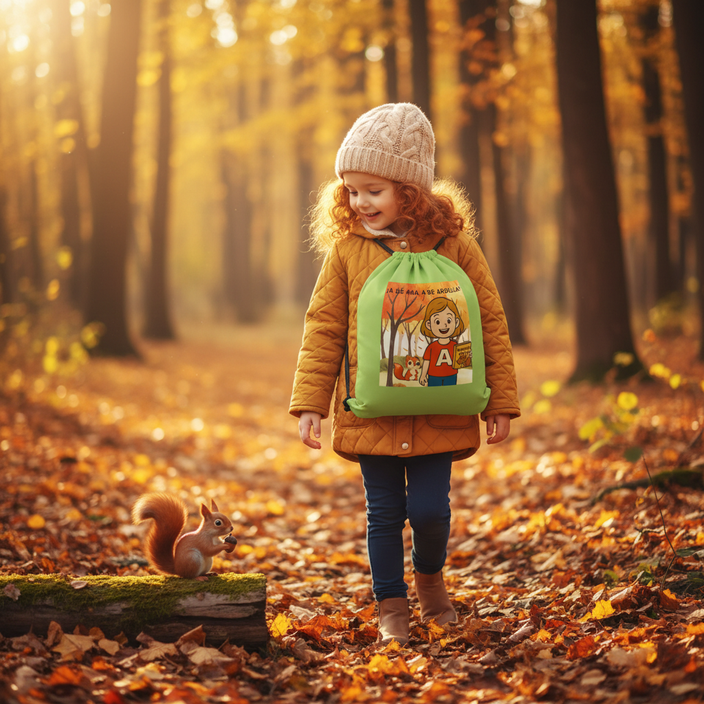 Niña pelirroja con mochila verde manzana en bosque otoño