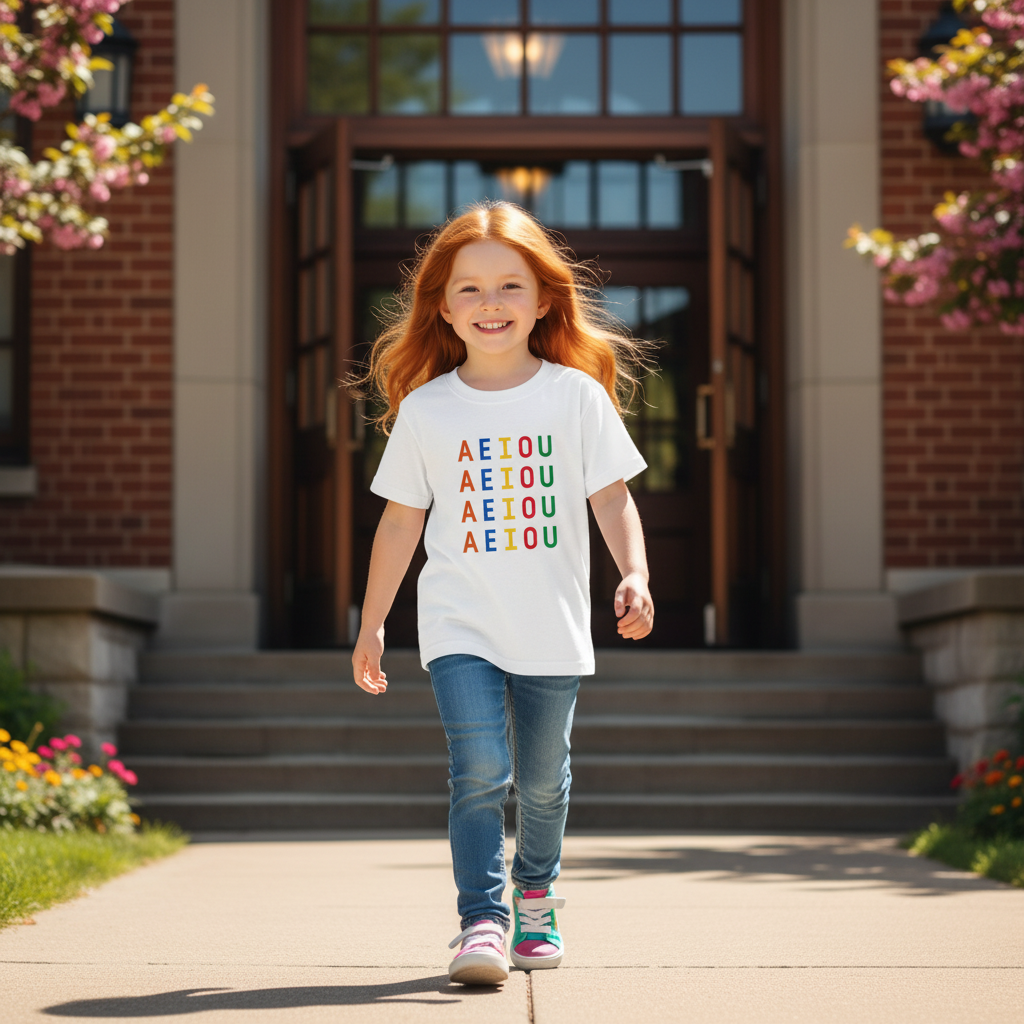 Niña pelirroja entrando feliz al cole con camiseta AEIOU