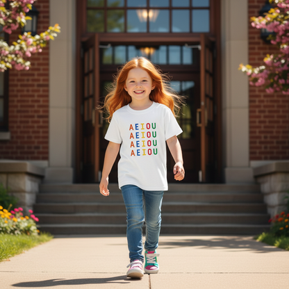 Niña pelirroja entrando feliz al cole con camiseta AEIOU