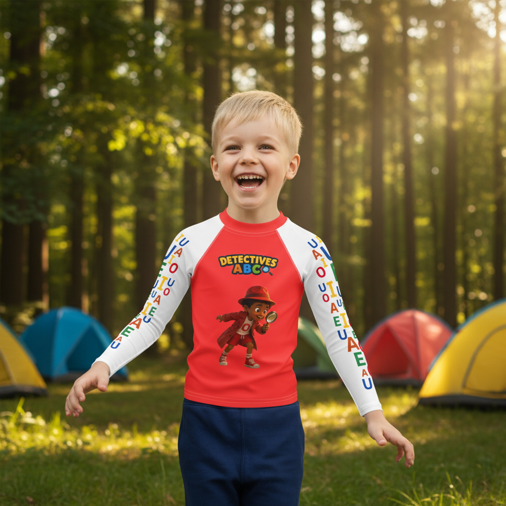 Niño con camiseta O de Orlando feliz en campamento del bosque