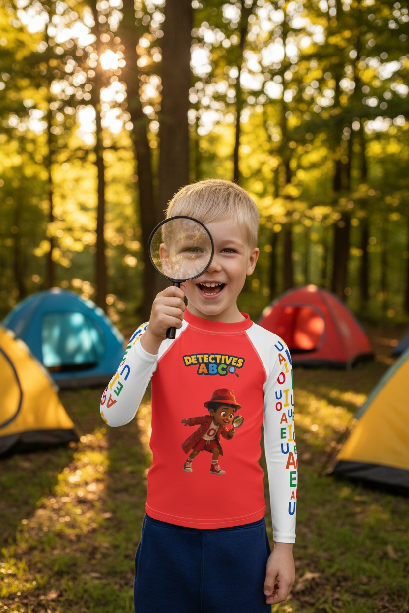 Niño detective con lupa en campamento del bosque