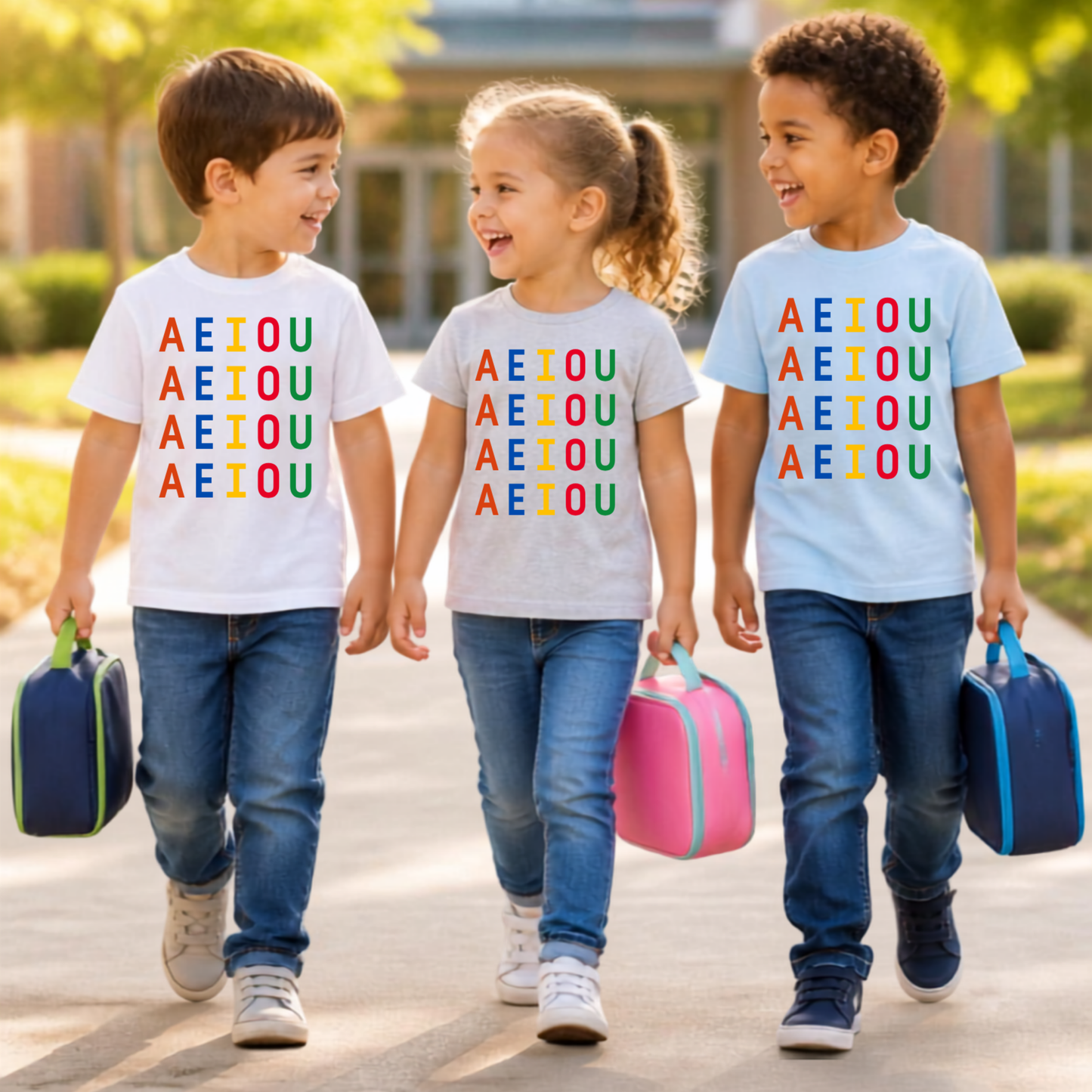 Camiseta educativa infantil Las vocales vuelven al cole
