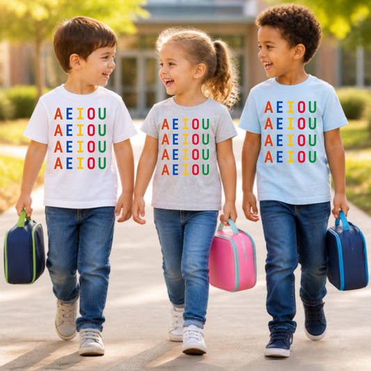 Camiseta educativa infantil Las vocales vuelven al cole